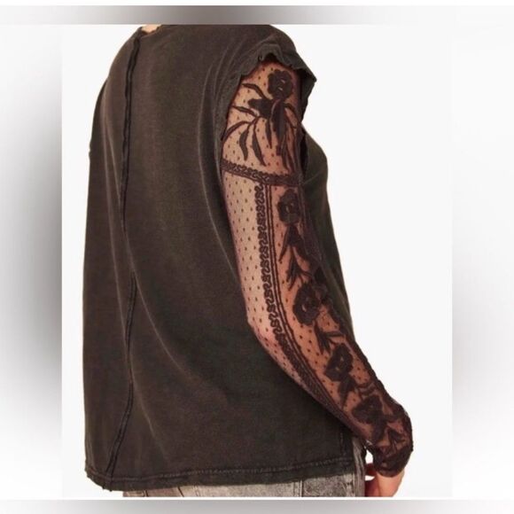 Free People Black Billy Jean Twofer Top Small – Embroidered Lace Sleeves - Picture 8 of 15
